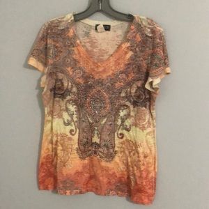 Orange rhinestone print shirt, size XL